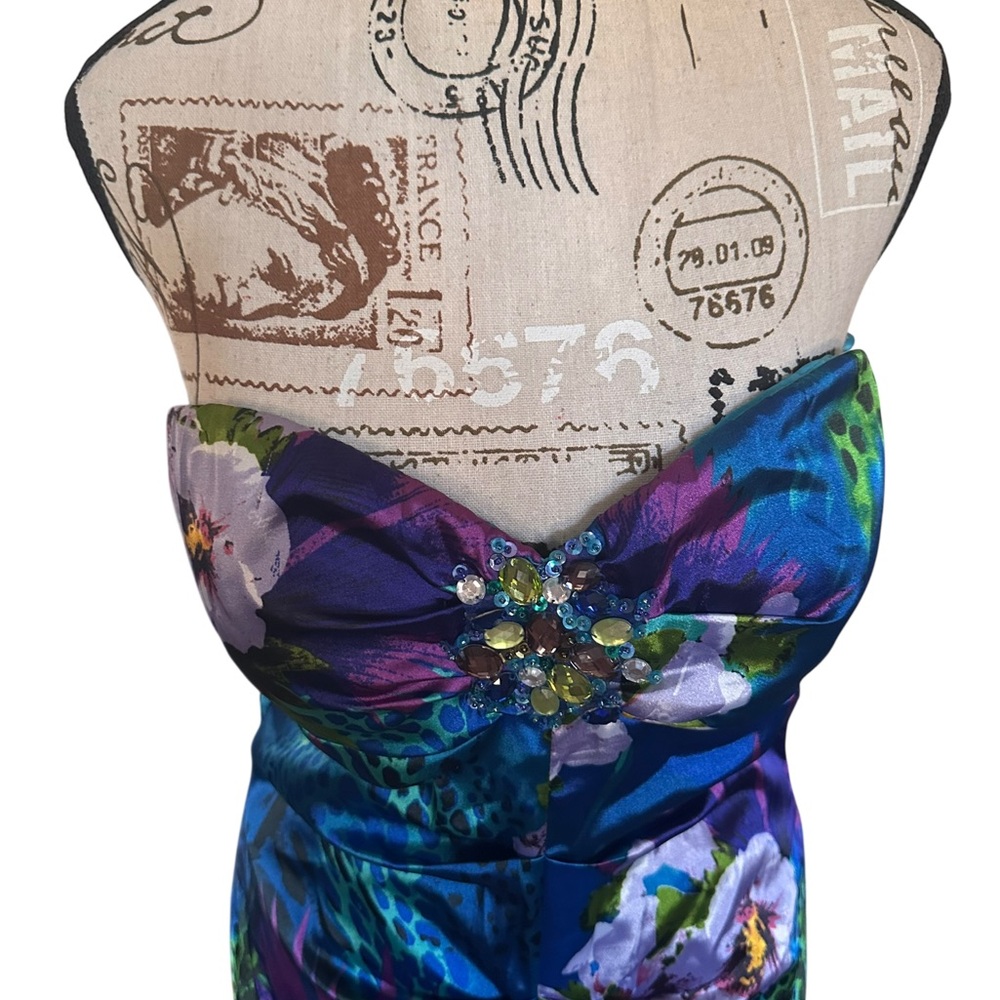 Cache Strapless Mermaid Gown Beaded Bust Tropical Print Sz M READ Y2K USA Made - Picture 9 of 16